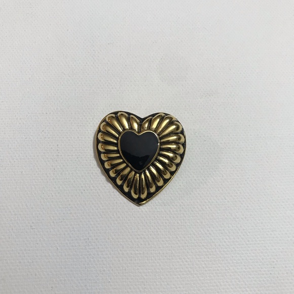 Gold Tone Black Enamel Heart Brooch - Picture 1 of 3